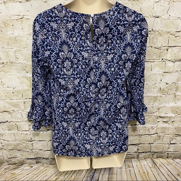 J Crew Blue Floral Double Ruffle 3/4 Sleeve Top - Picture 6 of 8